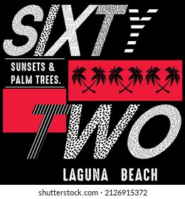 Illustration vector text sixty two with texture and palms in Beach Style California Beach