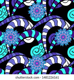 Illustration. Vector texture. Doodles on a blue, violet and black colors. Seamless pattern Beautiful fabric background.