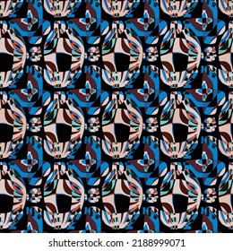 Illustration. Vector texture. Doodles on a blue, neutral and black colors. Seamless pattern Beautiful fabric background.
