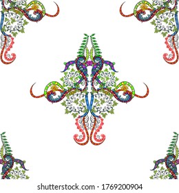 Illustration. Vector texture. Seamless pattern Beautiful fabric background. Doodles on a black, green and white colors.