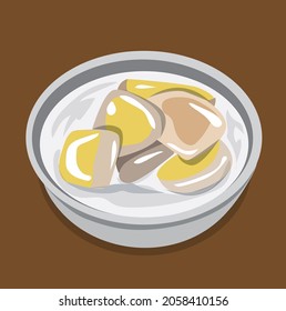 Illustration, Vektorgrafik thailändischer, glühender Kakao, Banane auf Kokosmilch auf grünem Hintergrund