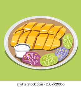 Illustrationsvektor Thai Nachtisch Mango Sticky Rice, Mango und klebriger Reis ist eine der besten Desserts,
Kokosnuss, aromatisierter StickReis, Kokosmilch, Sesam auf einen Teller gestellt 
auf grünem Hintergrund
