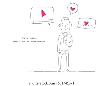 illustration vector thin line doodle character of nerd young man. he shy and hold mobile phone. Bubble chat. video player screen template.smiley emoticon.