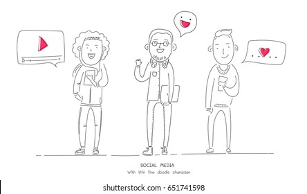 illustration vector thin line doodle character of nerd young man friend happy together with social media. Bubble chat. video player screen template.smiley emoticon.