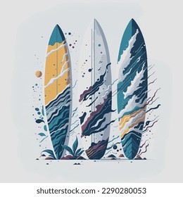 Ilustración vectorial de tres tablas de surf coloridas centradas en un fondo blanco. En azul, amarillo y marrón