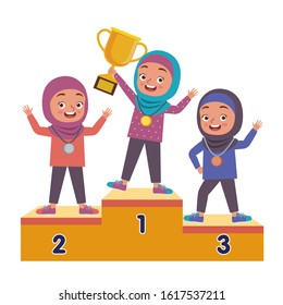 Illustration or vector of three Muslim girls being a winner of the race and stood on the winner podium, and the number one winner held the trophy