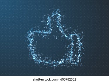 Illustration of Vector Thumbs Up Icon. Wireframe Mesh Technology Polygonal Okay Sign. Hand Icon with Finger Pointing Up