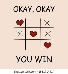 Vector de ilustración Tic-tac-toe con corazones y cruces. Dejando bien, bien, ganas. Ideal para tejidos, papel pintado, papel envolvente, textil, decoración. Gracioso eslogan para pantalones T y ropa impresa gráfica.