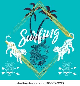 Illustration vector tiger with palms and text surfing 