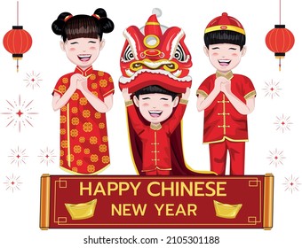 Illustration vector tiger with text Happy Chinese new year, chinese lion dance