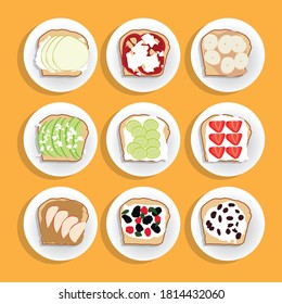 Illustration vector of toast bread with different sides dises. healthy breakfast. avocado, strawberry, banana, pear, blackberry, redberry, apple, cherry jam, cucumber, with cheese sauce or white cream