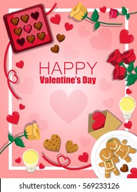 Illustration vector top view on table of dinner meal on Valentine's Day in pink background Happy Valentine's Day card,banner.