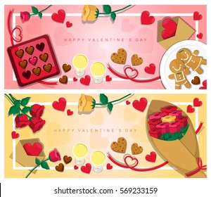 Illustration vector top view on table of dinner meal on Valentine's Day in pink background Happy Valentine's Day card,banner.