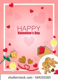 Illustration vector top view on table of dinner meal on Valentine's Day in pink background Happy Valentine's Day card,banner.