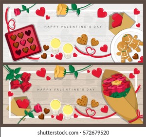 Illustration vector top view on table of dinner meal on Valentine's Day in wood pattern background Happy Valentine's Day card,banner.