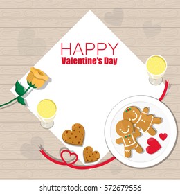 Illustration vector top view on table of dinner meal on Valentine's Day in wood pattern background Happy Valentine's Day card,banner.