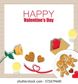 Illustration vector top view on table of dinner meal on Valentine's Day in wood pattern background Happy Valentine's Day card,banner.