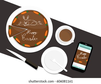 Illustration vector of top view whole chocolate carrot cake with social media post on smart phone on table background