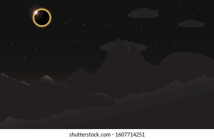Illustration vector of total solar eclipse, mountains landscape in the dark sky.