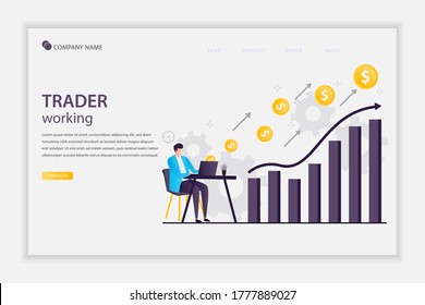Illustration vector Trader working concept landing page. Businessman or stock market trader working at desk with a monitor showing data. Trader businessman works in financial business data analysis.
