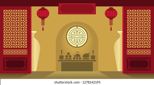 Illustration vector of traditional Chinese house , flower pattern vase,lantern, food on table,bamboo tree ,cutting door and window .Translation of Chinese text is "Happy Lunar New Year"