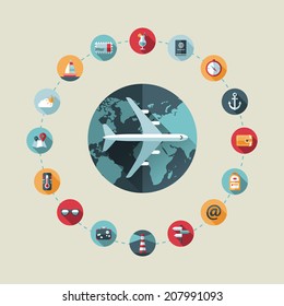 Illustration of vector travel flat design composition with icons
