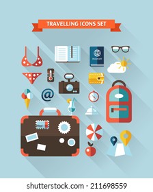 Illustration of vector travel flat design composition with long shadows