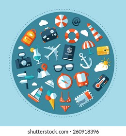 Illustration of vector travel flat design postcard with icons
