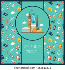 Illustration of vector travel flat design postcard with icons