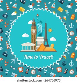 Illustration of vector travel flat design postcard with icons