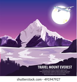 illustration vector. Travel mountains Everest by plane . Travel around highest  mountains Everest and beautiful landscape . 