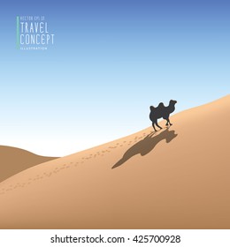 Illustration vector traveling by camel in the desert, the animals live in the desert. Travel and Recreation Concept