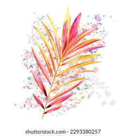 Illustration with vector tropical pink yellow palm leaf in watercolor style