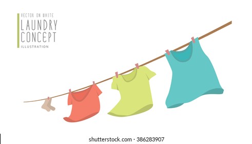 Illustration Vector T-shirts Hanging On A Clothesline.on Windy Day Flat Style.