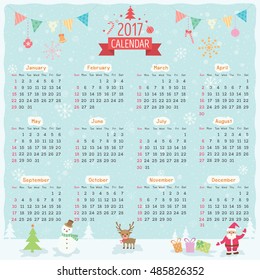Illustration vector twelve month of 2017 year calendar with merry christmas ornament element on snow party background.