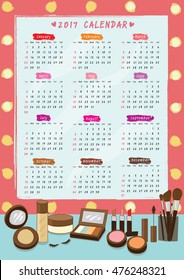 Illustration vector of twelve month calendar template for 2017 with beauty with  dressing table and  lighting mirror and  all cosmetics for makeup.