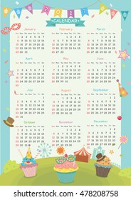 Illustration vector of twelve month calendar template for 2017 year with fantasy cupcakes in carnival theme party background.
