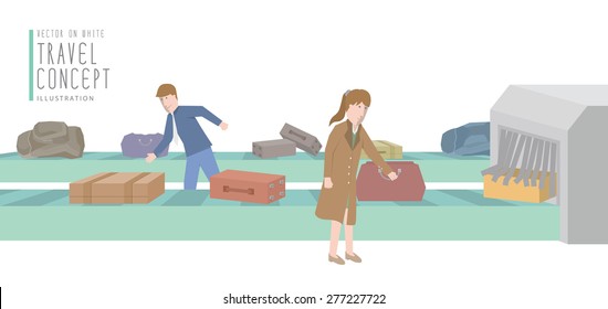 Illustration vector two businessmen get luggage from the baggage carousel flat style.