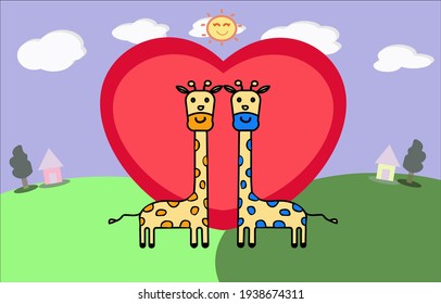 Ilustración Vector de dos tiernas lindas en el amor , Gran corazón rojo y fondo natural