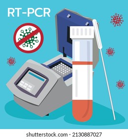 illustration vector two devices rt-pcr with text and virus on blue background.