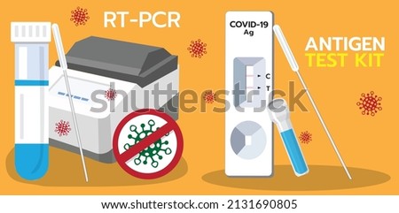 illustration vector two devices Rt-pcr, Antigen test kit with text and virus on orange background.