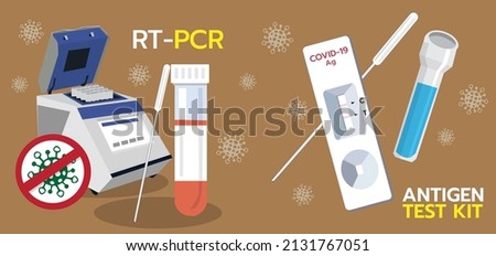 illustration vector two devices Rt-pcr, Antigen test kit with text and virus on brown background.