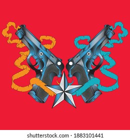 Illustration vector two guns in style tattoo for fashion design old school