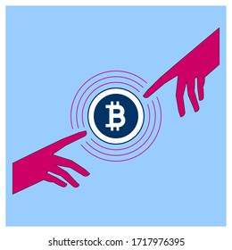 Illustration vector of two men’s index-fingers try to connect by touching Bitcoin - perfect for bitcoin and cryptocurrency-related content, movement, trading, exchange, etc.