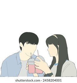Illustration vector of two people in a couple, the woman brings two fresh drinks and the man drinks them deliciously. Inspired by one of the famous Korean drama scenes.
