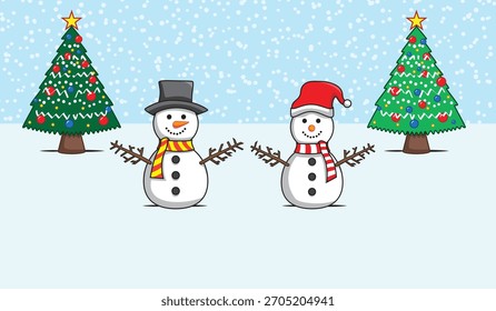 Vector de ilustración dos muñecos de nieve y árbol de Navidad en diseño de nieve caída