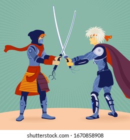 Vector De Ilustración Dos Guerreros Con Espadas Luchando