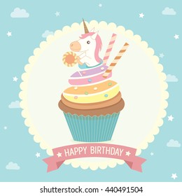 Illustration vector unicorn cupcake on blue background with pink  ribbon for party invitation greeting or happy birthday card.Pastel color and cute style.