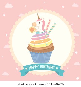 Illustration vector unicorn cupcake on pink background with blue ribbon for party invitation greeting or happy birthday card.Cute style.