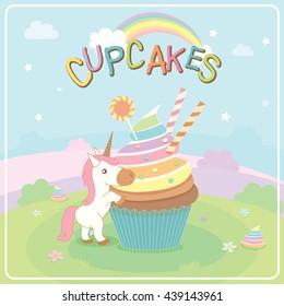 Illustration vector of unicorn cupcakes on cute concept design in fairy background for greeting card.